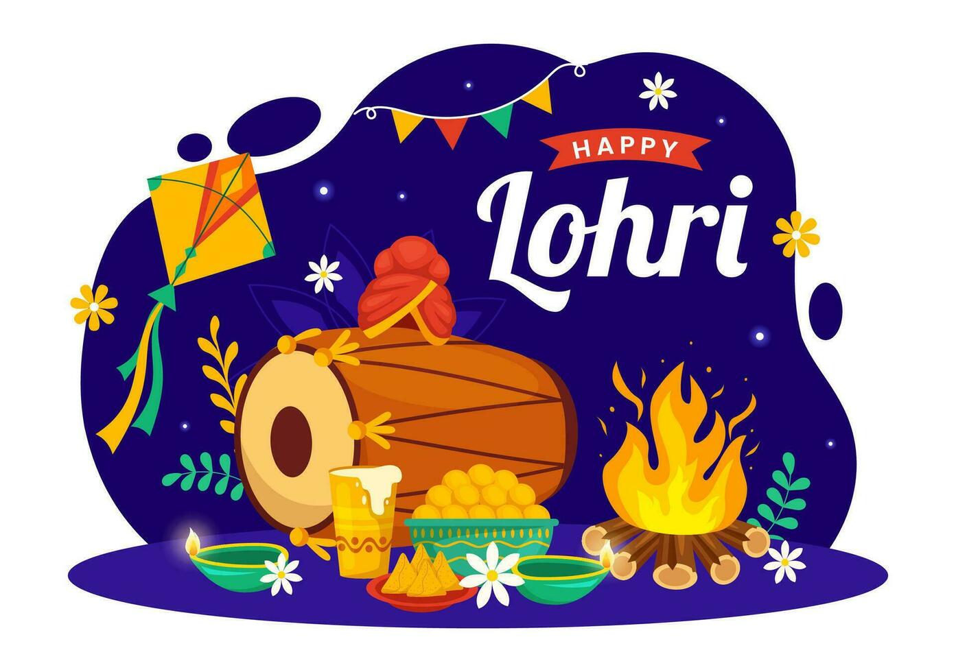 Happy Lohri Festival of Punjab India Vector Illustration of Playing Dance and Celebration Bonfire with drums and kites in Flat Cartoon Background