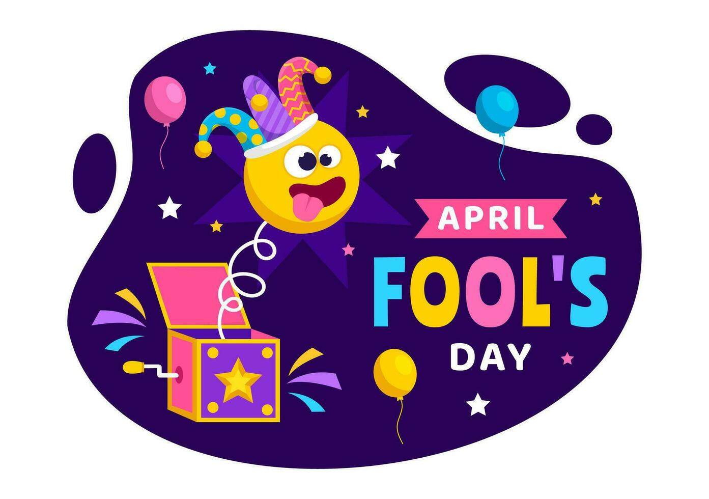 Happy April Fools Day Celebration Illustration Wearing a Jester Hat and a Box Containing Surprises to Surprise People in Flat Cartoon Holiday vector