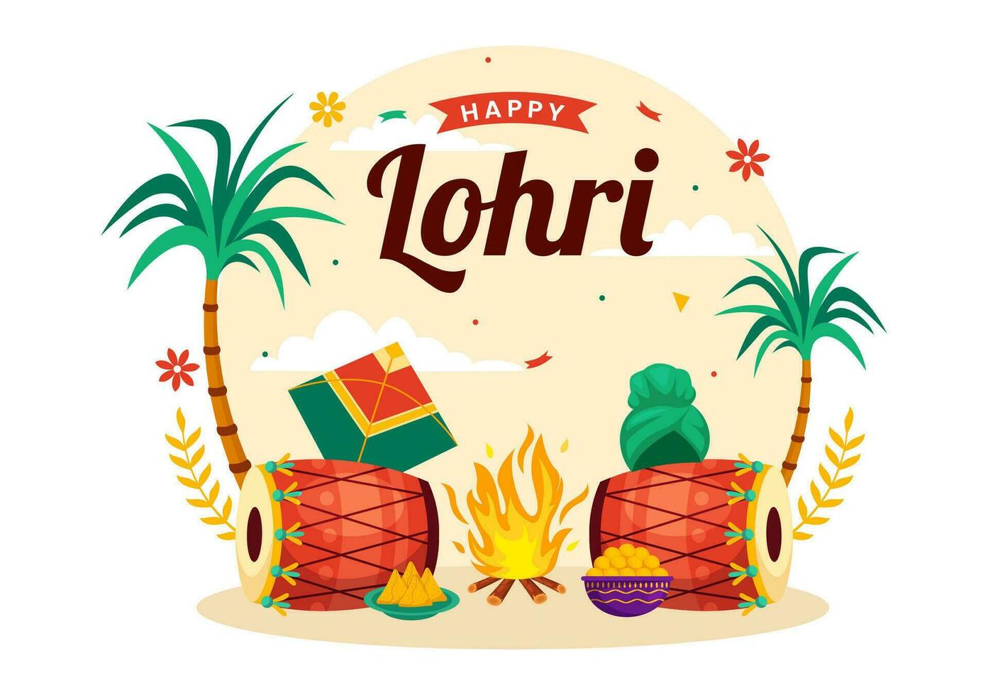 Happy Lohri Festival of Punjab India Vector Illustration of Playing Dance and Celebration Bonfire with drums and kites in Flat Cartoon Background