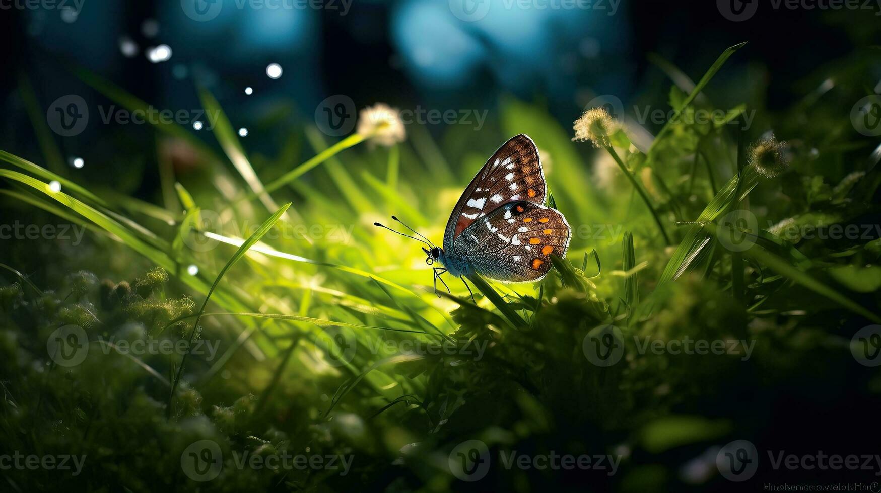 AI generated Butterfly in the grass meadow at night Generative AI photo