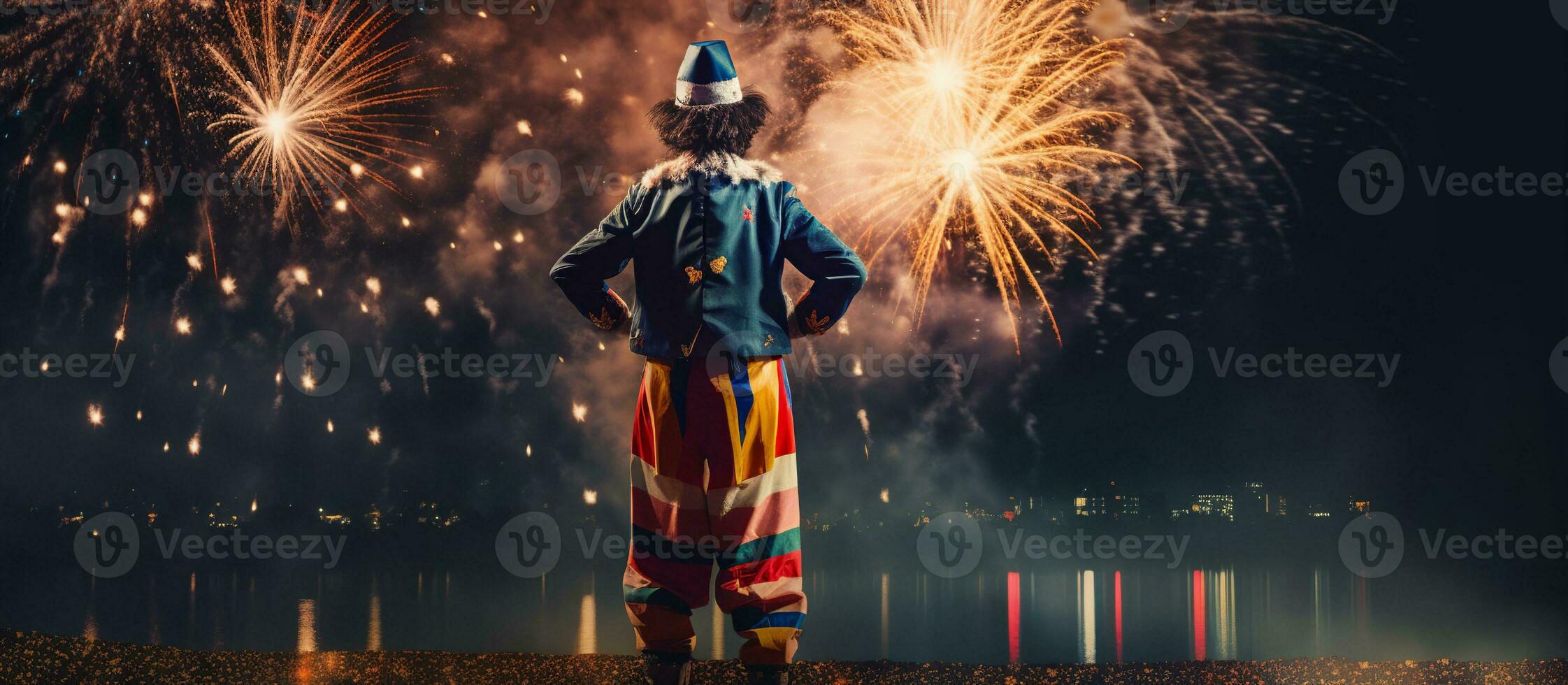 Happy harlequin clown with fireworks on background backview photo