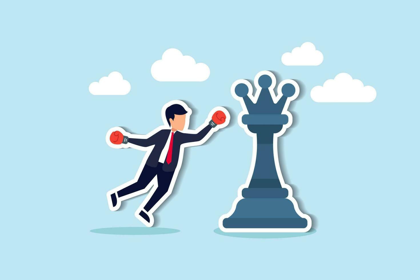 Challenge and strategy to win business competition, tactic, skill and leadership to win rivalry battle, plan to knock out competitor concept, businessman with boxing glove fight with big chess king. vector