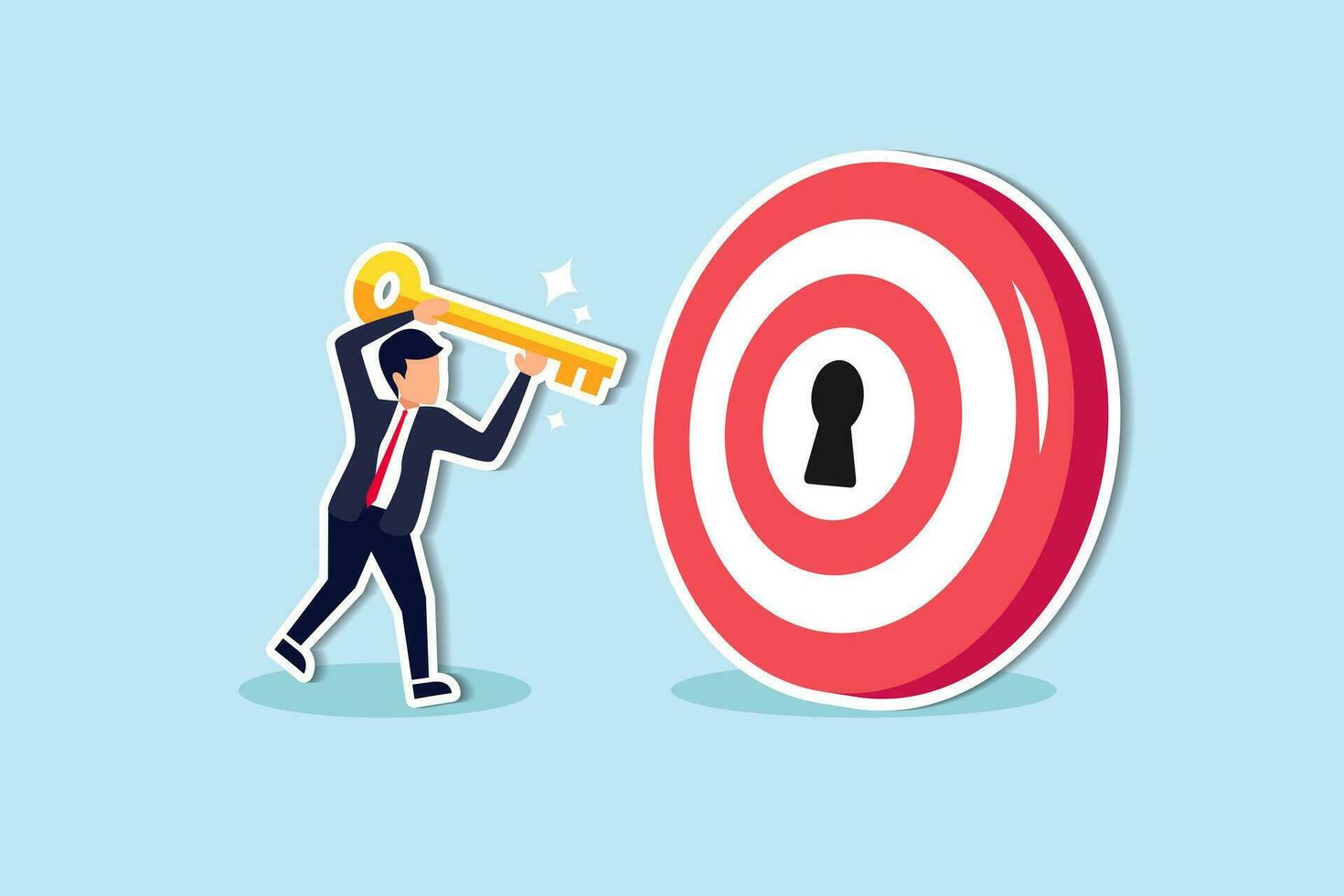 Key to success and achieve business target, KPI, career achievement or secret for success in work concept, businessman putting golden key into bullseye target key hold to unlock business success. vector