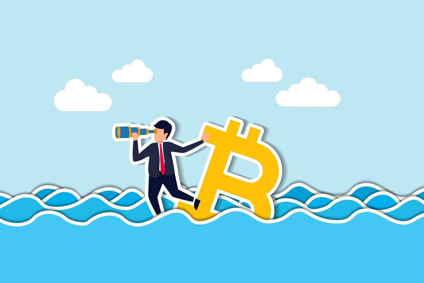 Bitcoin price down, future of crypto currency price or vision to see cryptocurrency market concept, businessman investor standing on drowning bitcoin symbol using telescope to see future. vector