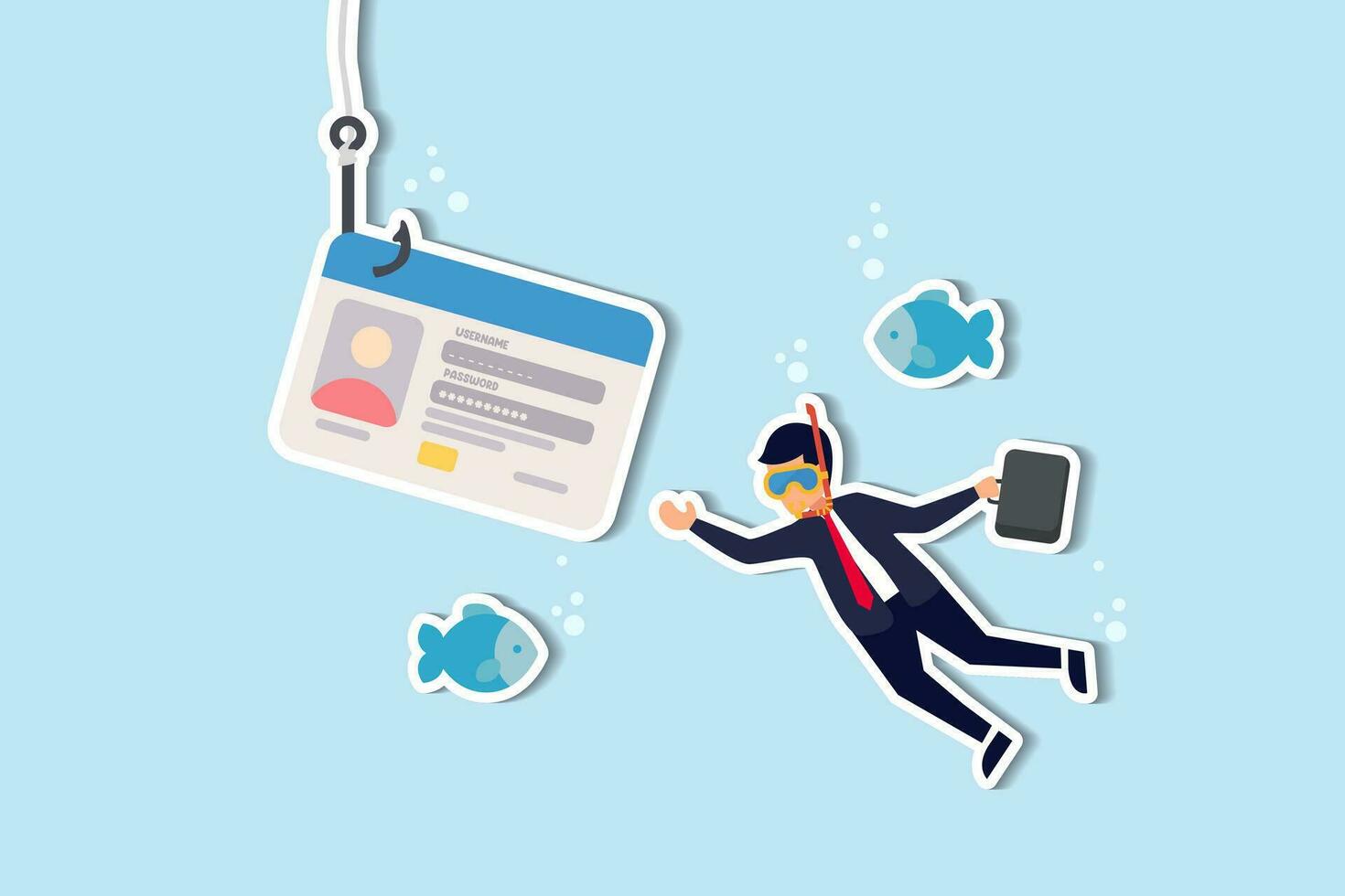 phishing o robo de información personal, pantalla de inicio de sesión falsa para piratear el nombre de usuario, la contraseña, la seguridad cibernética o el concepto de sitio web de amenazas, el hombre de negocios se sumerge en una cuenta de usuario de anzuelo desconocida para iniciar sesión de phishing. vector