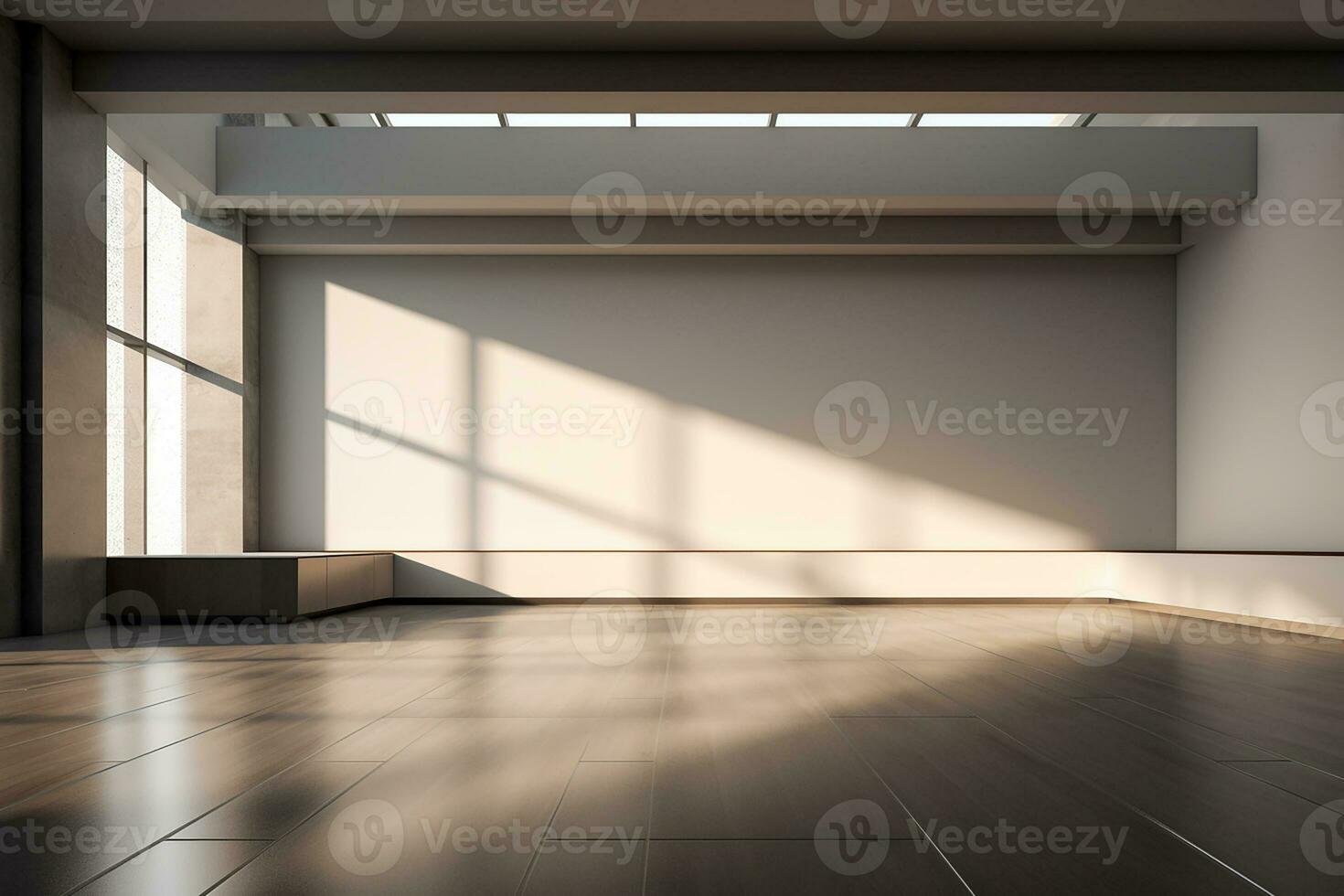 AI generated 3d rendered Modern Hall Interior Background Empty room with a huge window. minimal with copy space photo