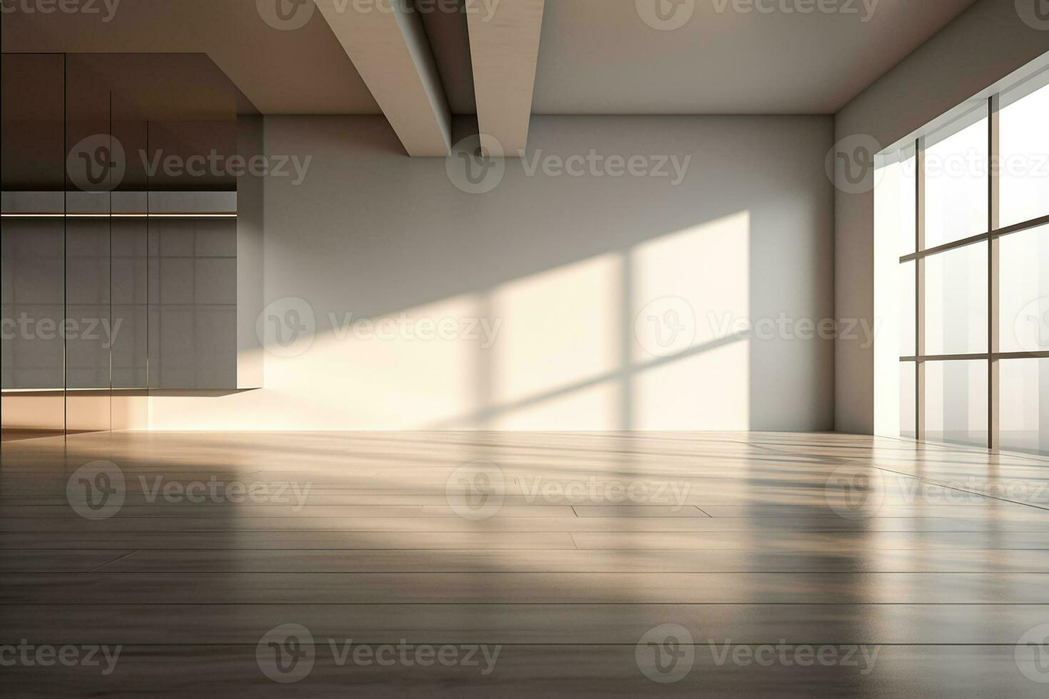 AI generated 3d rendered Modern Hall Interior Background Empty room with a huge window. minimal with copy space photo