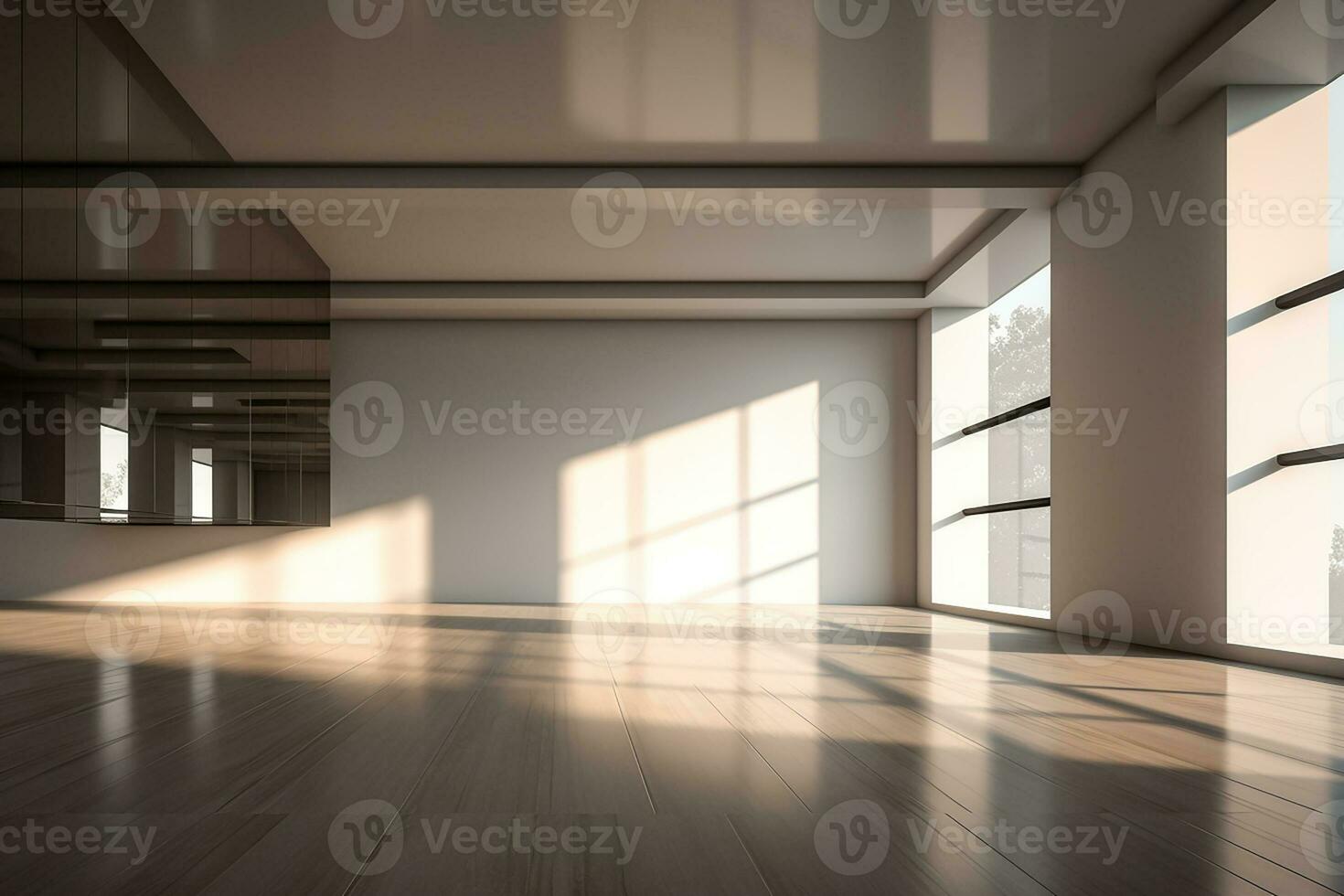 AI generated 3d rendered Modern Hall Interior Background Empty room with a huge window. minimal with copy space photo