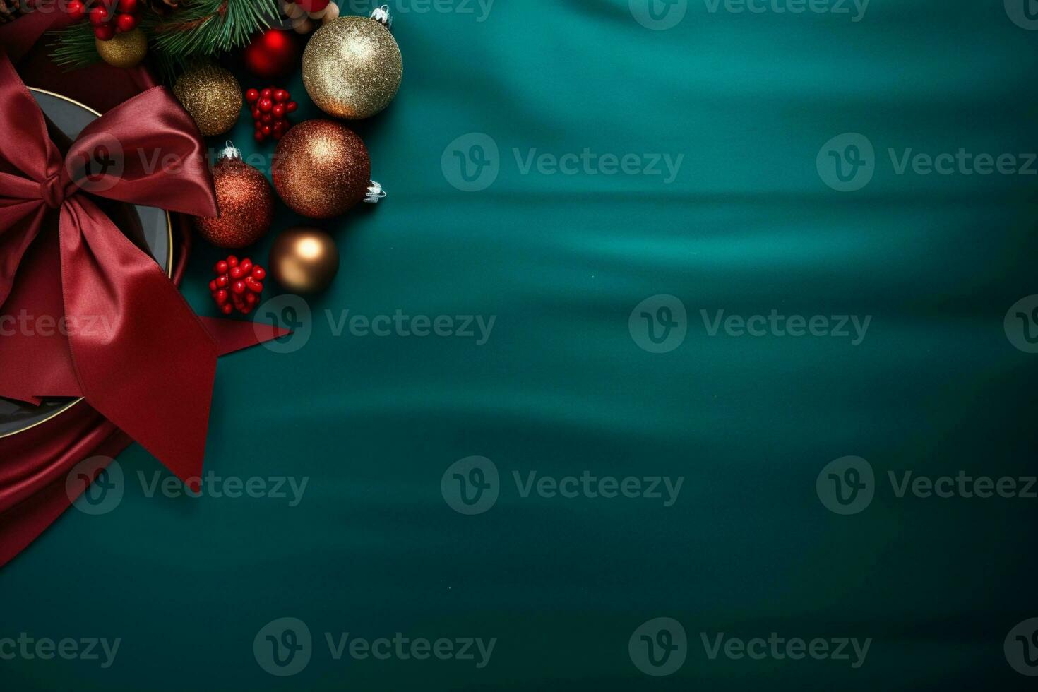 AI generated christmas holidays composition of fir tree branches with baubles and copy space photo