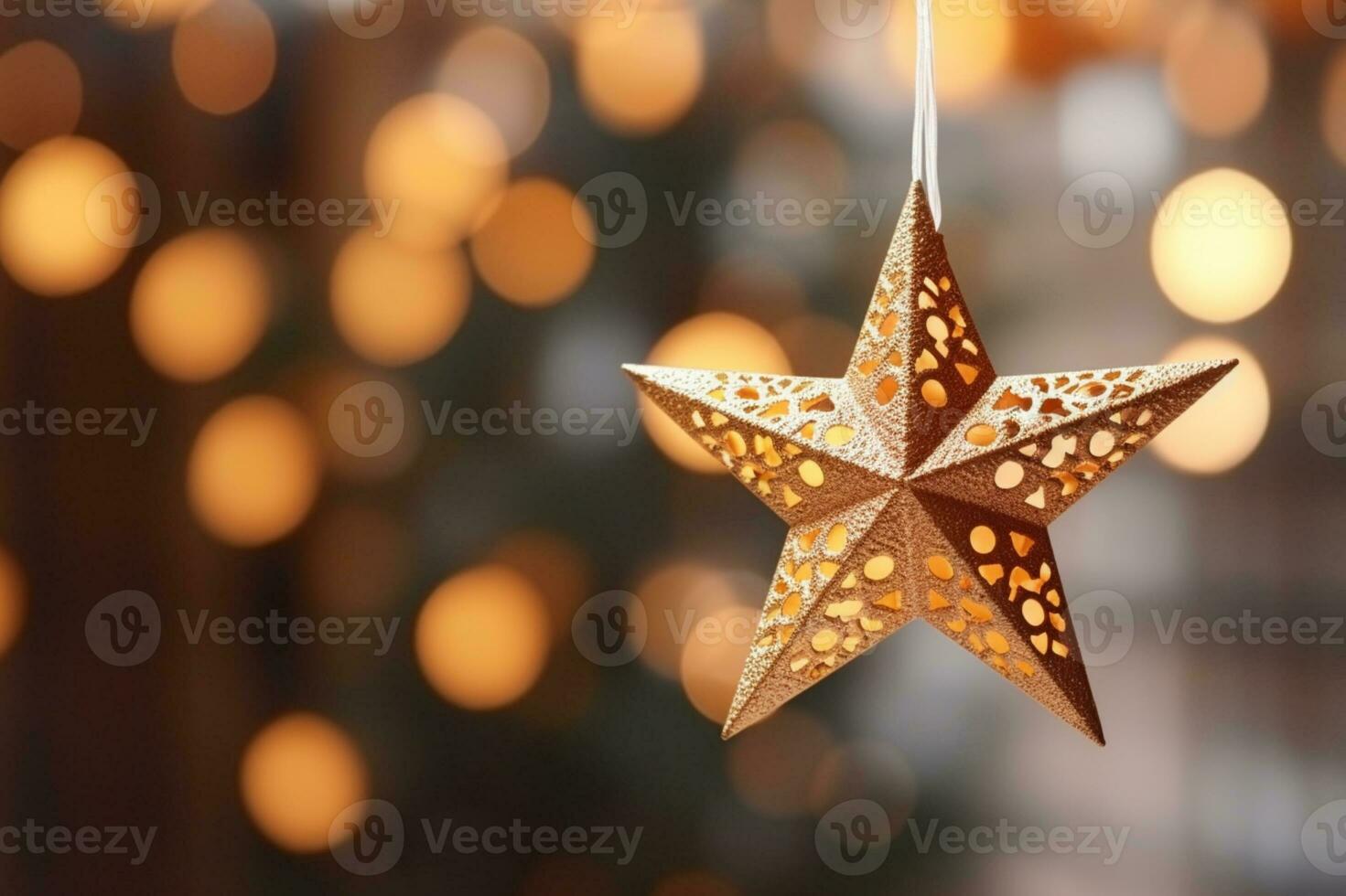 AI generated Selective focus shot of star ornament hanging on christmas tree photo