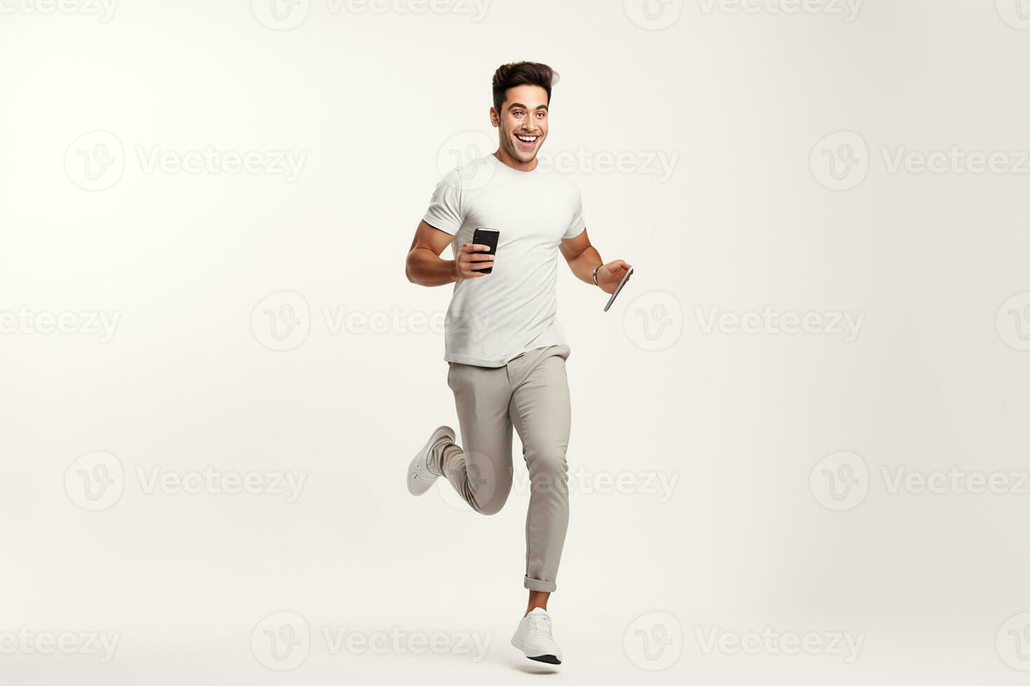 AI generated full length portrait of happy jumping man isolated on white background photo