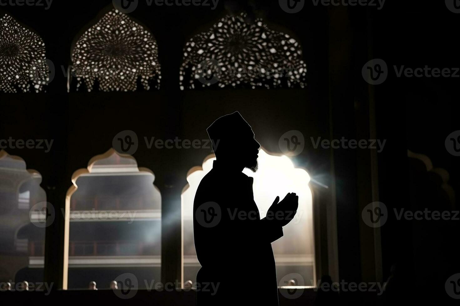 AI generated silhouette muslim man praying n the mosque photo