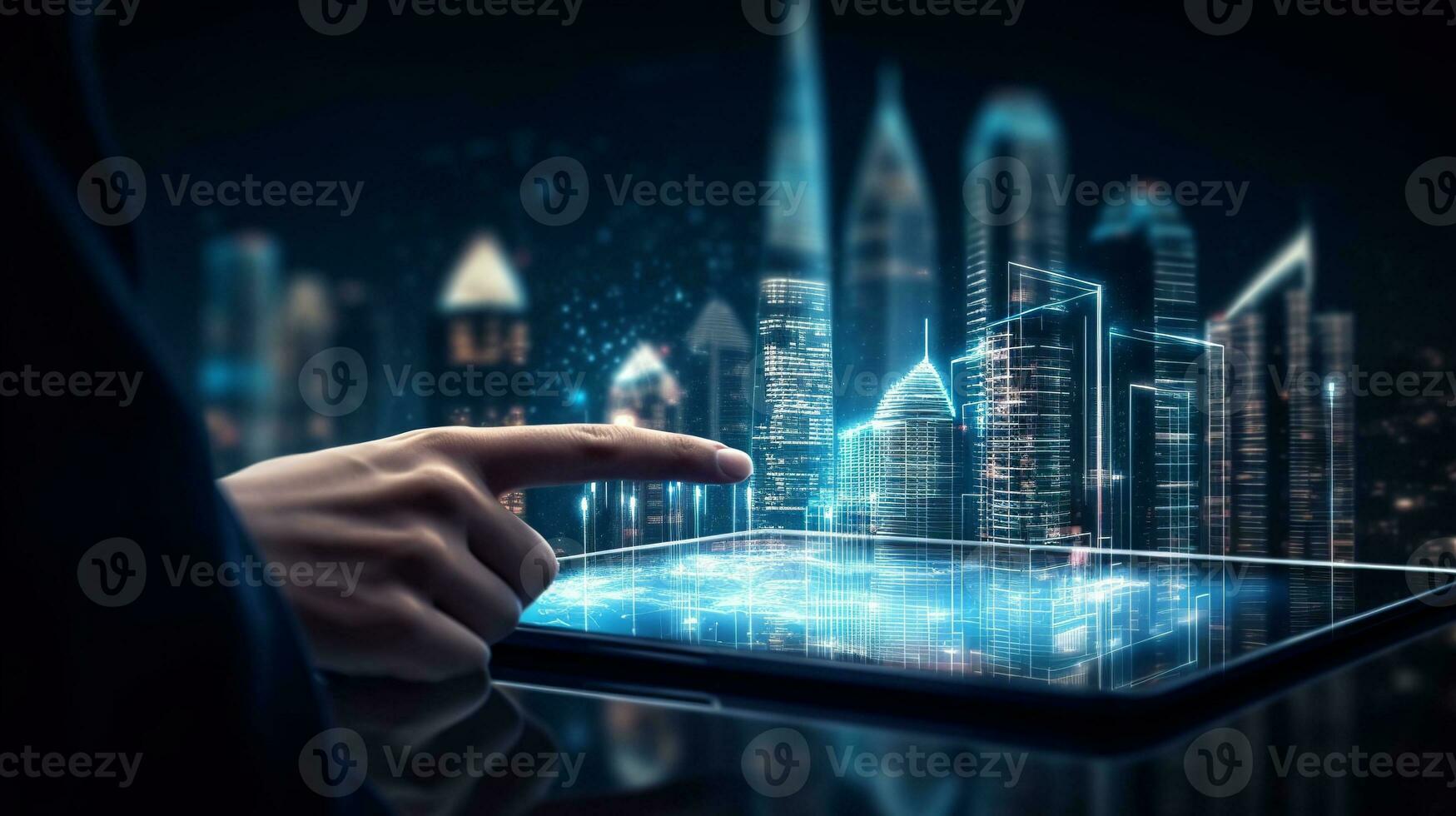 Smart city concept with modern buildings and digital tablet screen photo