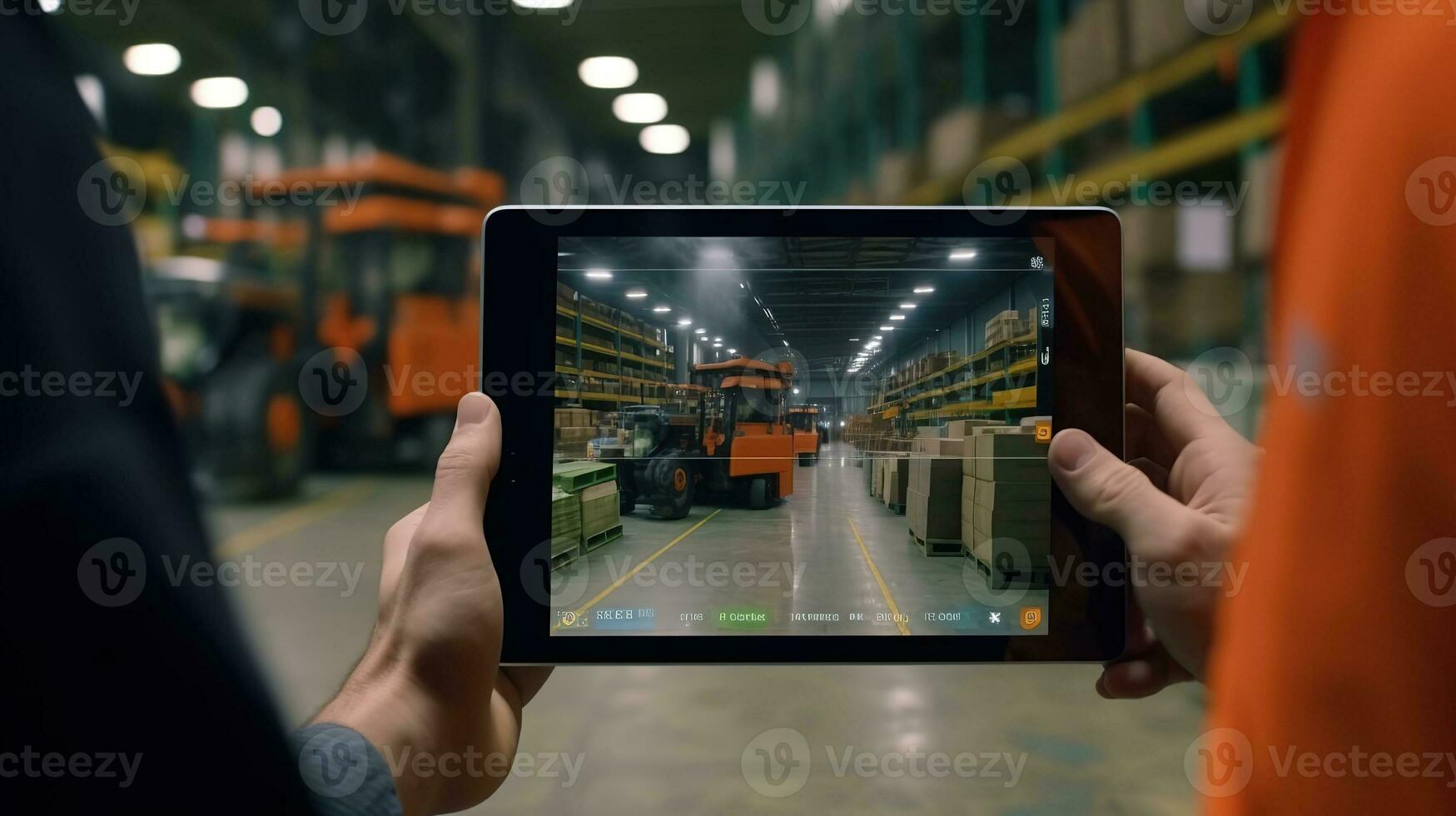 Hands of engineer using a tablet in a logistics center photo