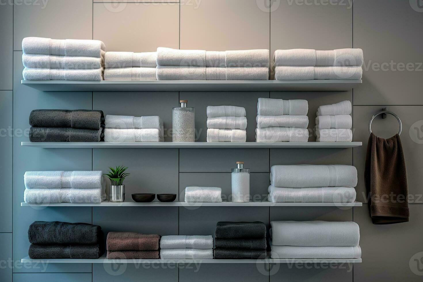 unadorned towel rack holding neatly folded plush towels Generative AI photo