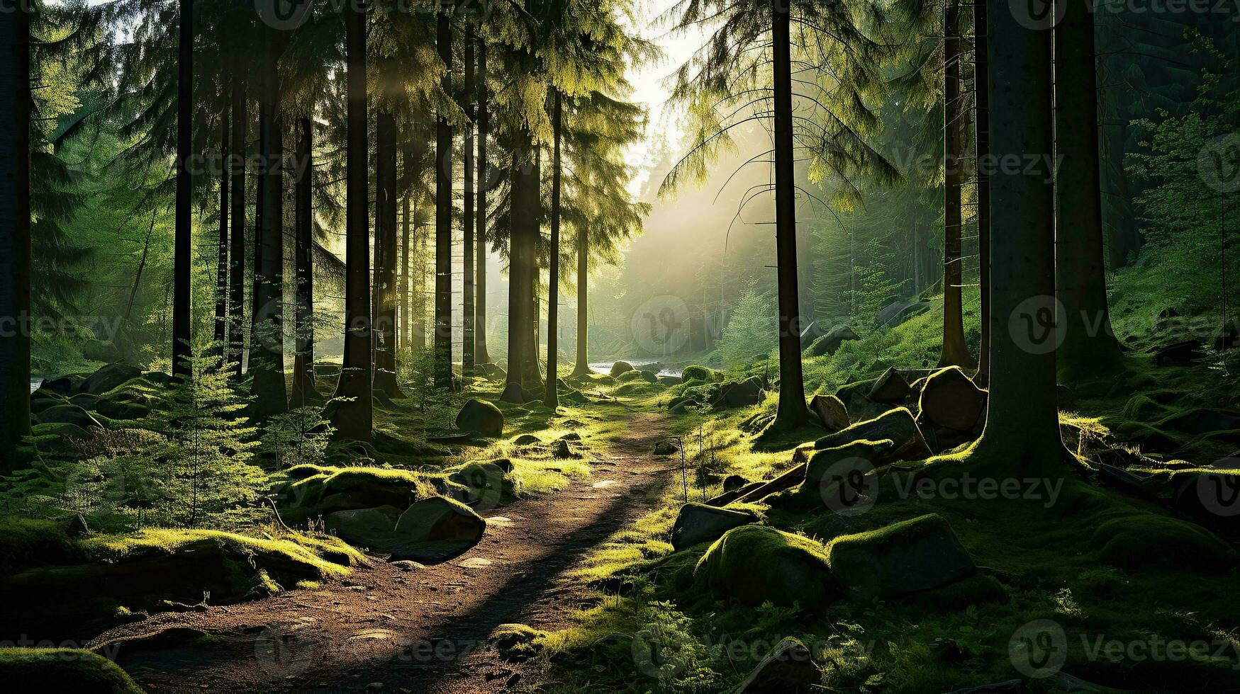 View of a forest with sunlight shining through the trees photo