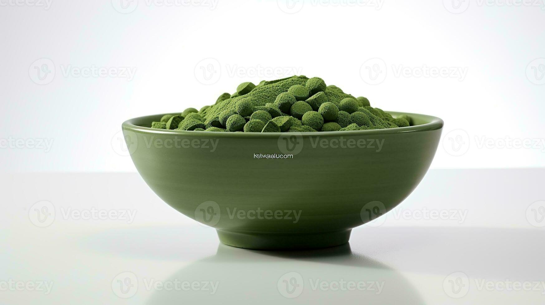 Plain white background dark green bowl with Chlorate powder photo