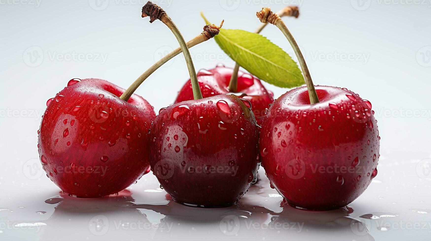 dos cerezas en antecedentes con gotas en un blanco antecedentes foto