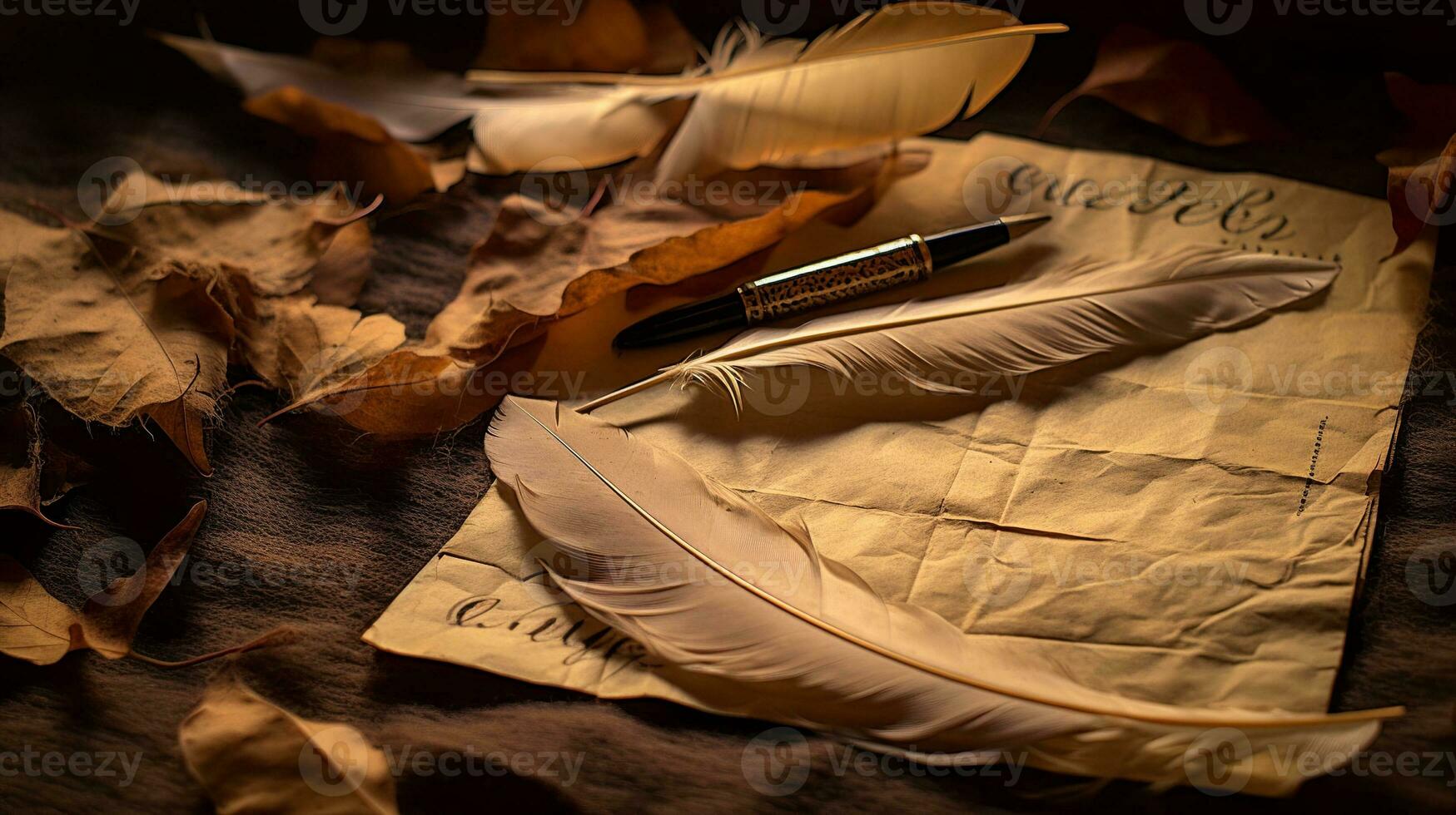 Feather pen and inkwell on a golden sheet of paper. photo