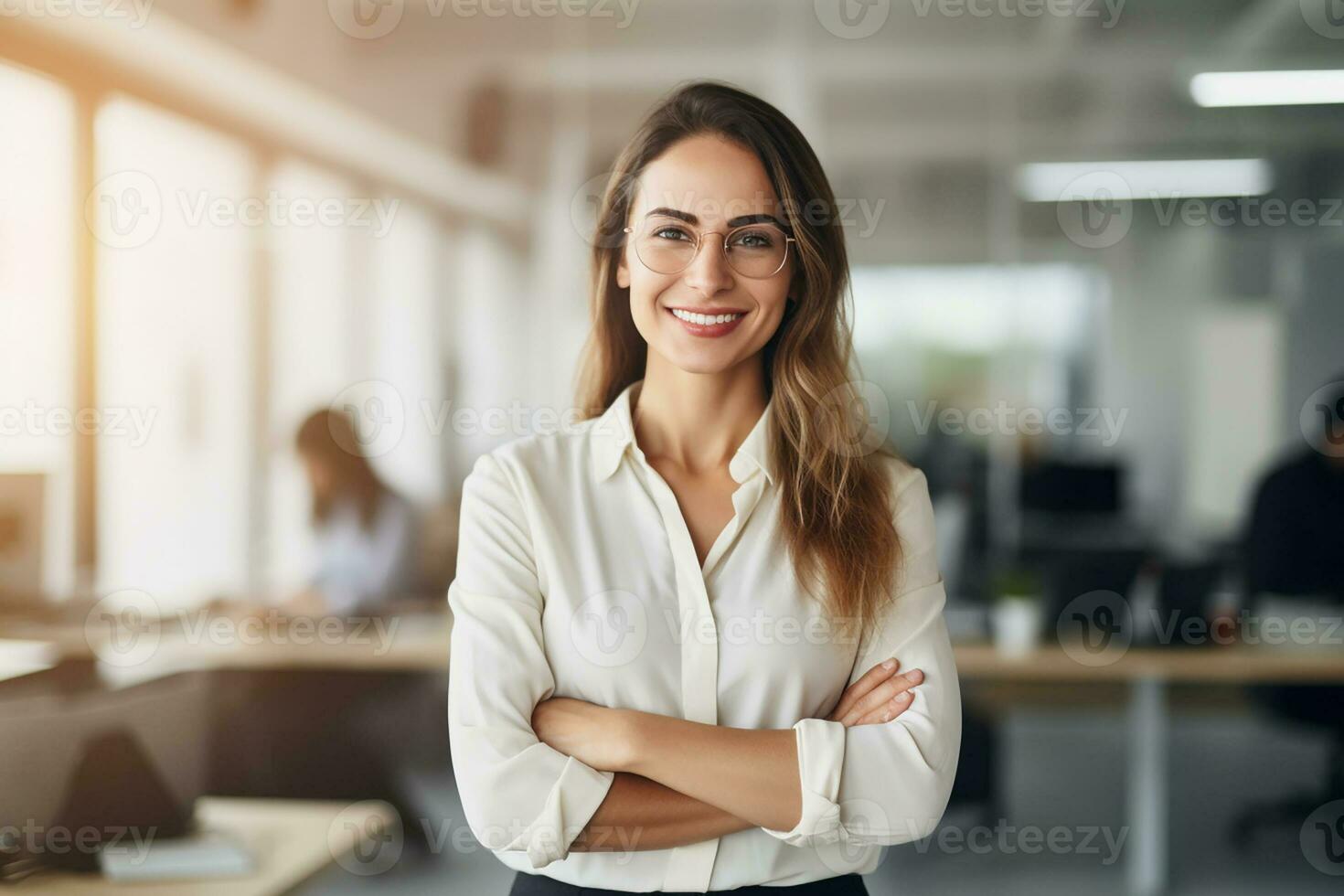 AI generated Portrait of successful and happy businesswoman, office worker smiling and looking at camera with crossed arms, working inside modern office. photo