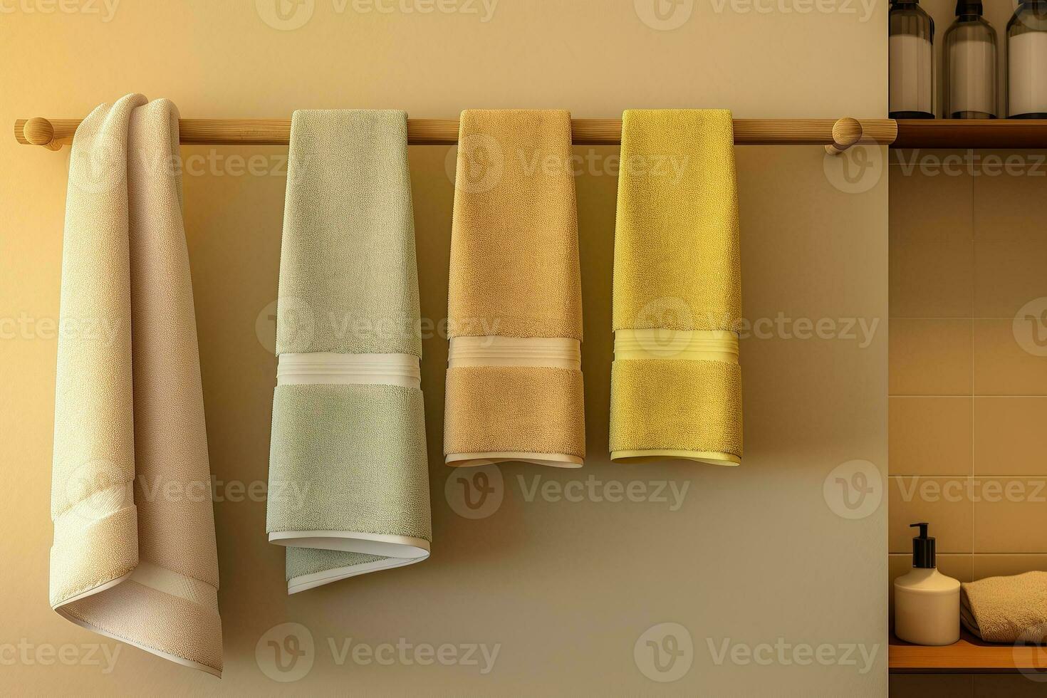 unadorned towel rack holding neatly folded plush towels Generative AI photo