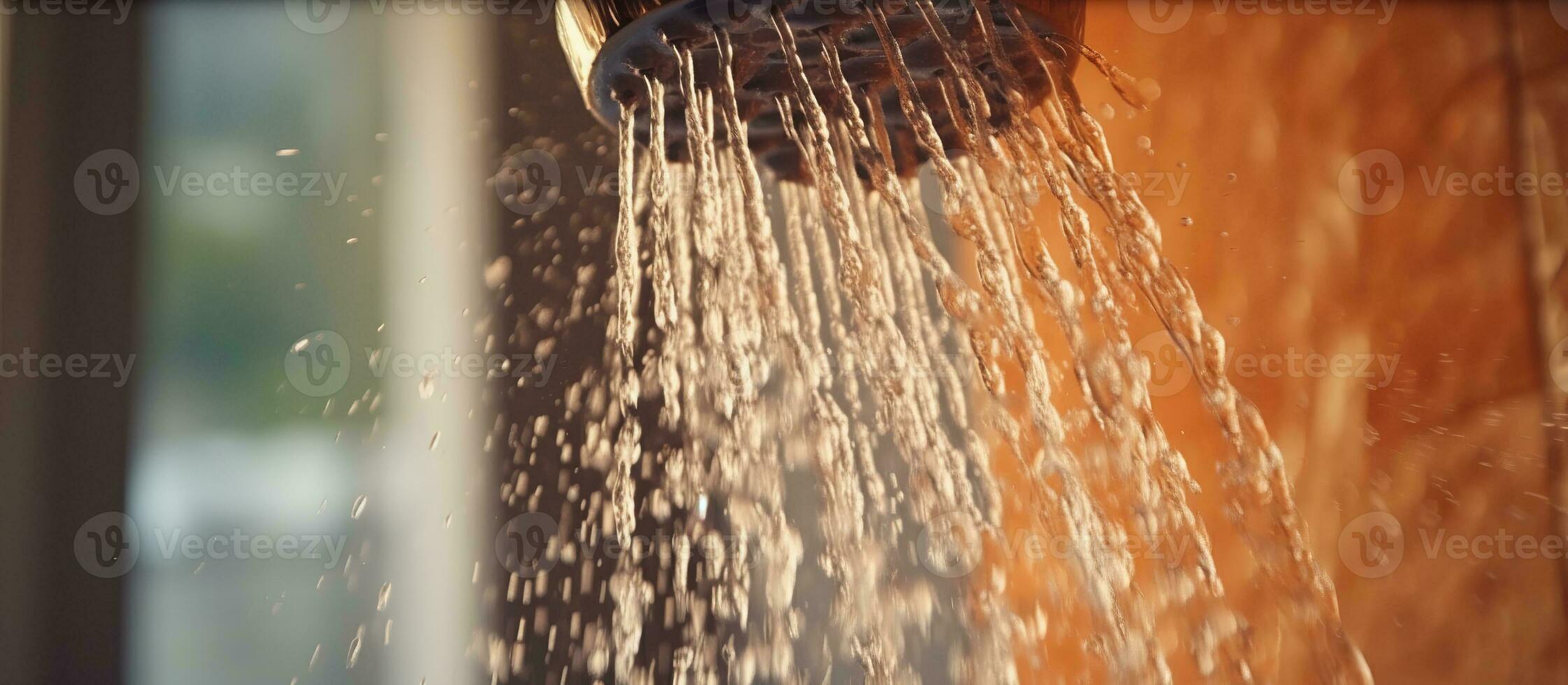 Close up of Water flowing from shower in the bathroom interior photo