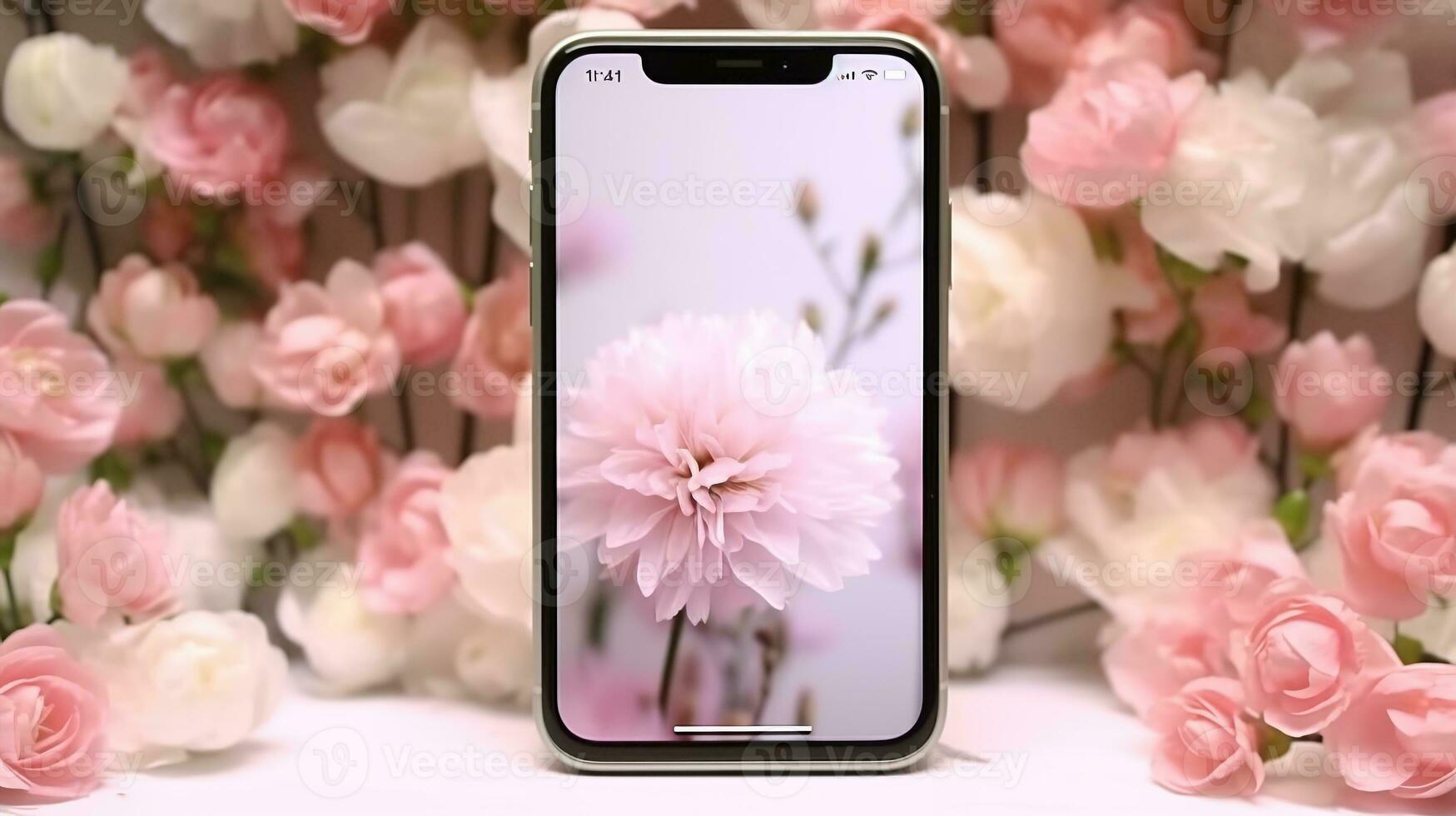 Smart phone mock up screen on pink pastel flowers white floral feminine spring background photo