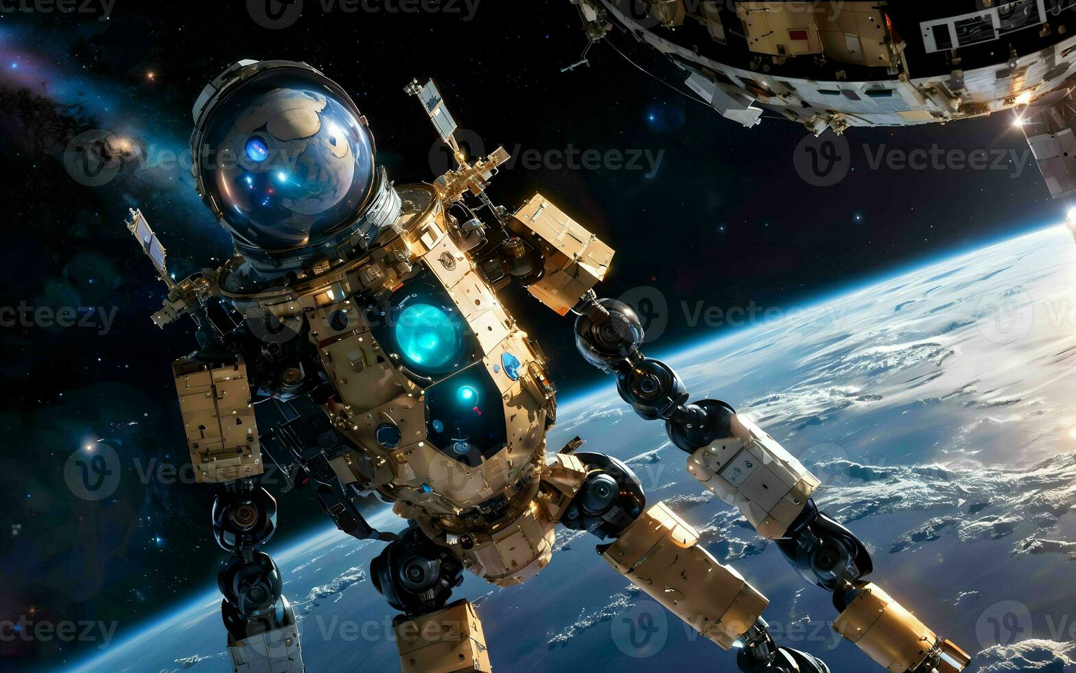 AI generated AI Robotics Odyssey Exploring the Cosmos on a Satellite Ship ai generated photo