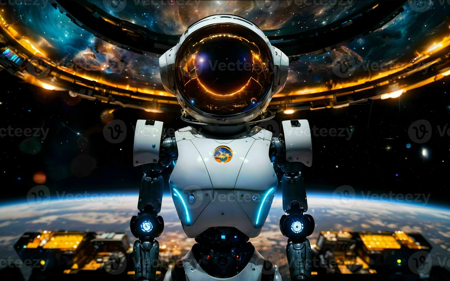 AI generated AI Robotics Odyssey Exploring the Cosmos on a Satellite Ship ai generated photo