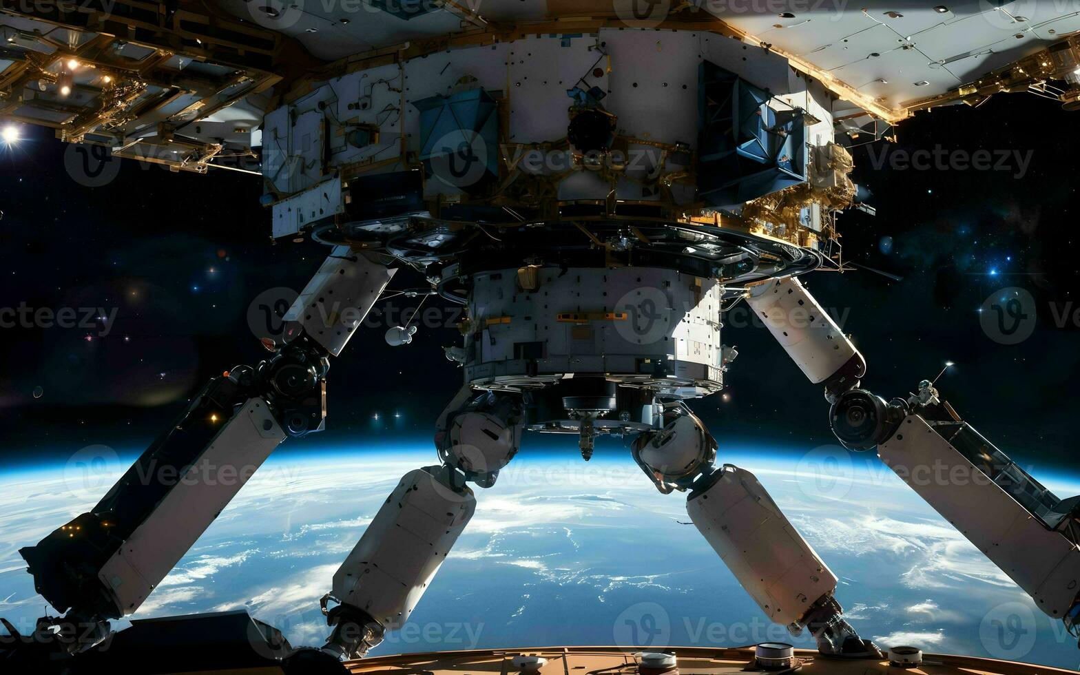 AI generated AI Robotics Odyssey Exploring the Cosmos on a Satellite Ship ai generated photo