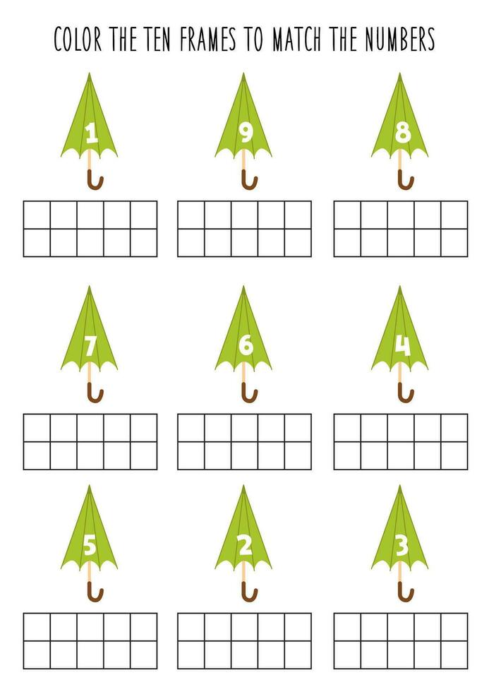 Color ten frames according to the numbers. Math worksheet for kids. vector