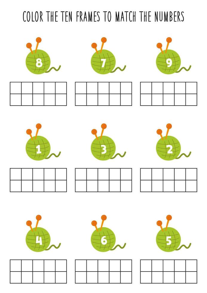 Color ten frames according to the numbers. Math worksheet for kids. vector