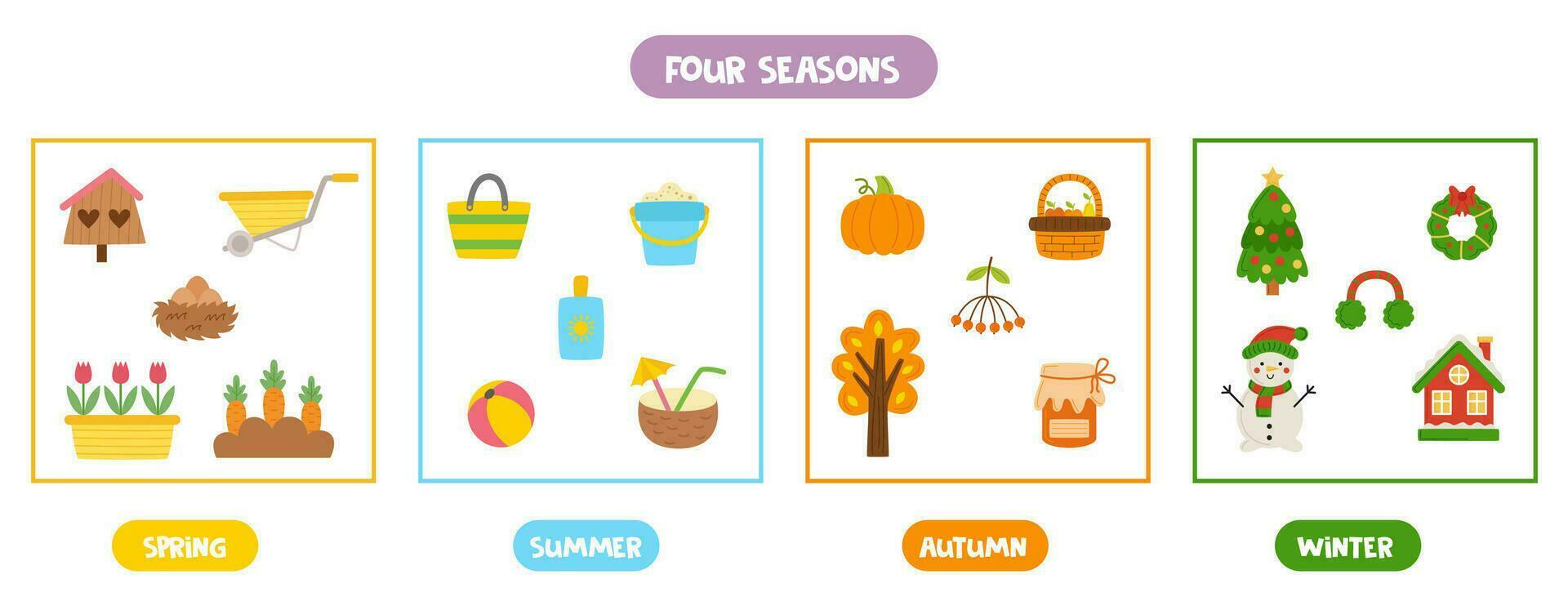 aprendizaje cuatro estaciones para niños. hoja de cálculo con invierno, verano, primavera, otoño. vector