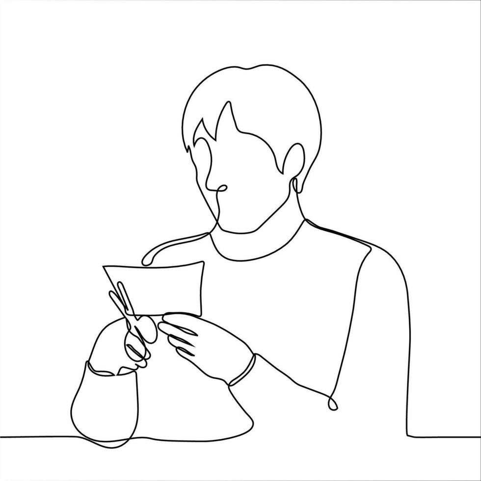 man cuts paper with scissors - one line drawing. Handicraft concept - scrapbooking, collage, handmade, craft, hobby vector