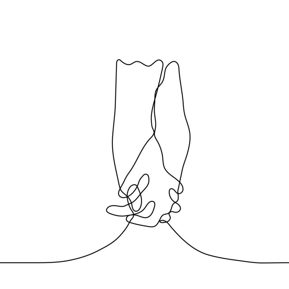 hands of two people are intertwined with fingers - one line drawing vector. concept touch of loving close people, skinship vector