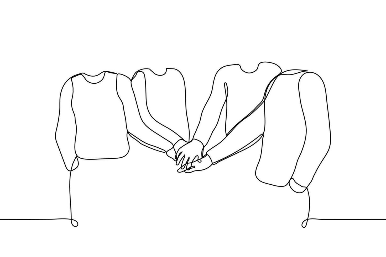 group of people put their hands together - one line drawing vector. concept of team building, association, creation of a unit vector