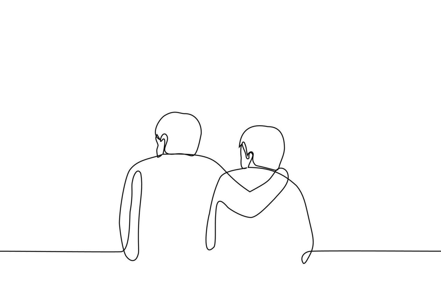 two men stand side by side and one put his hand on the other - one line drawing vector. concept male hug, friendship, love, brotherhood, skinship vector