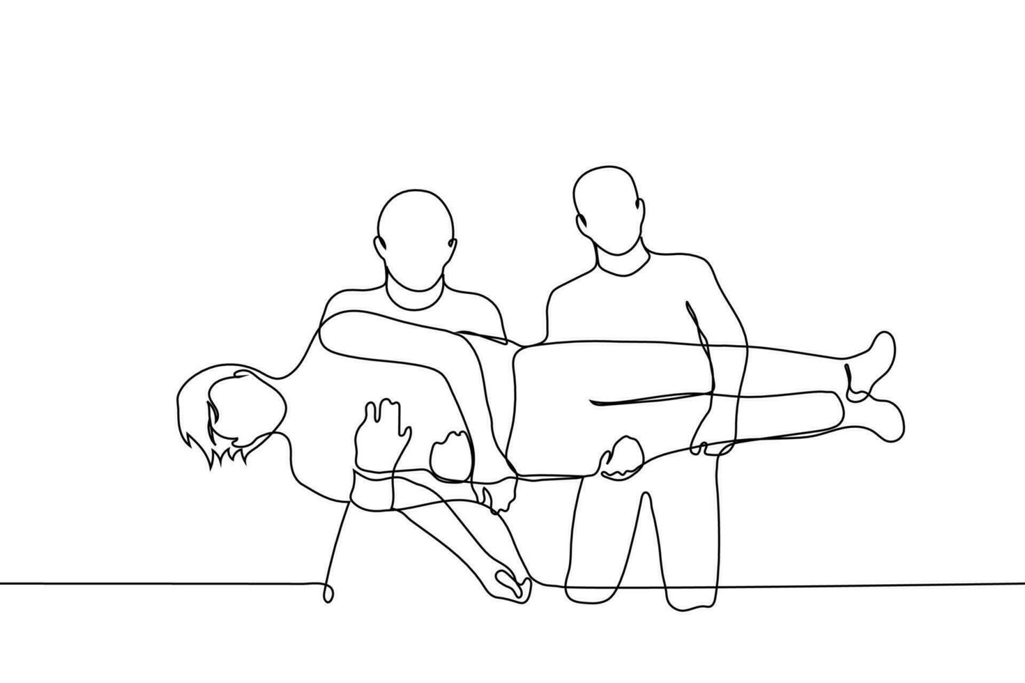 two men holding a third one - one line drawing vector. acrobatics stunt. concept, two friends are honoring a third or carrying somewhere, funny pose for a photo vector