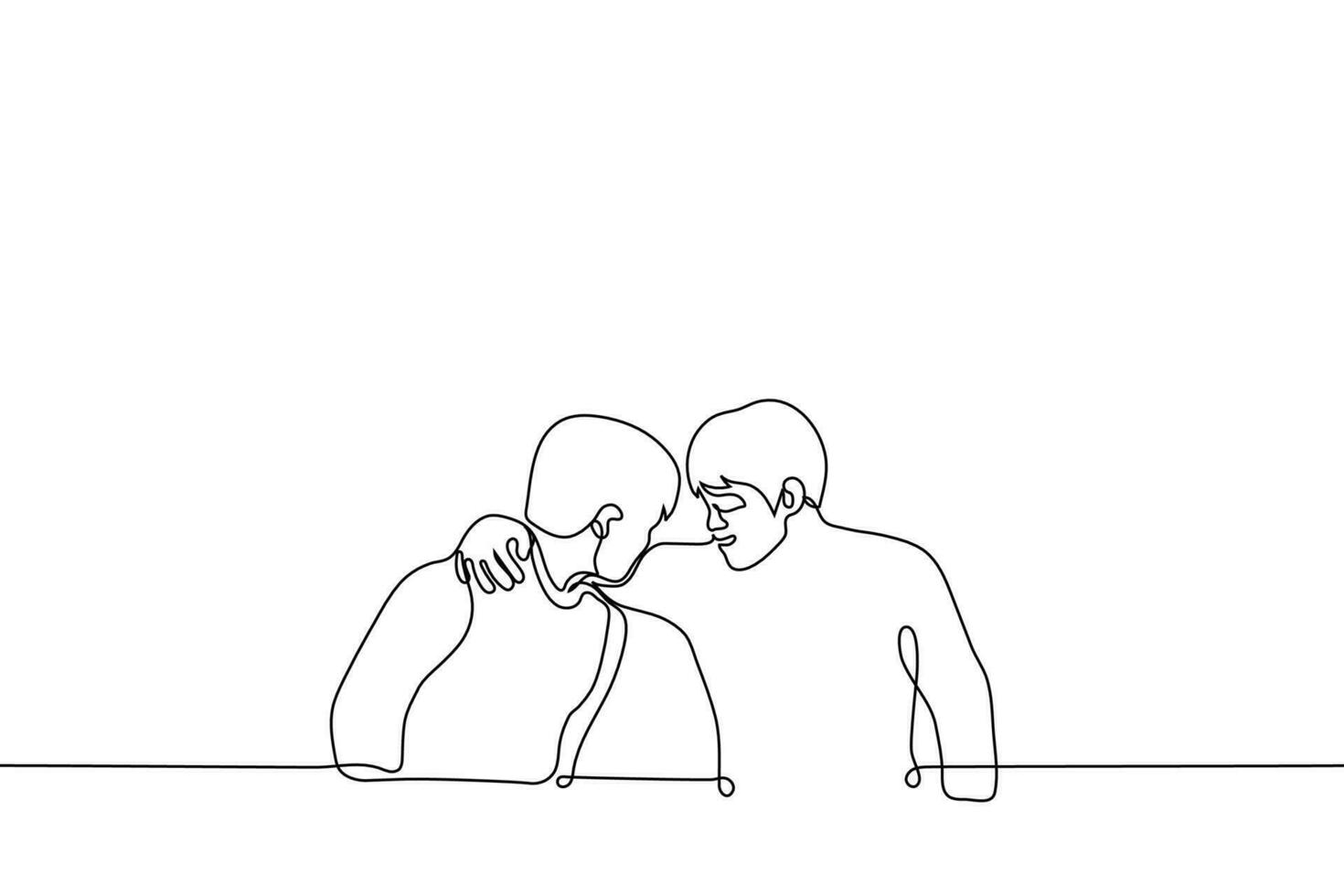 man hugged his friend and leaned over talking to him - one line drawing vector. concept of telling a secret, negotiating, friendly support vector