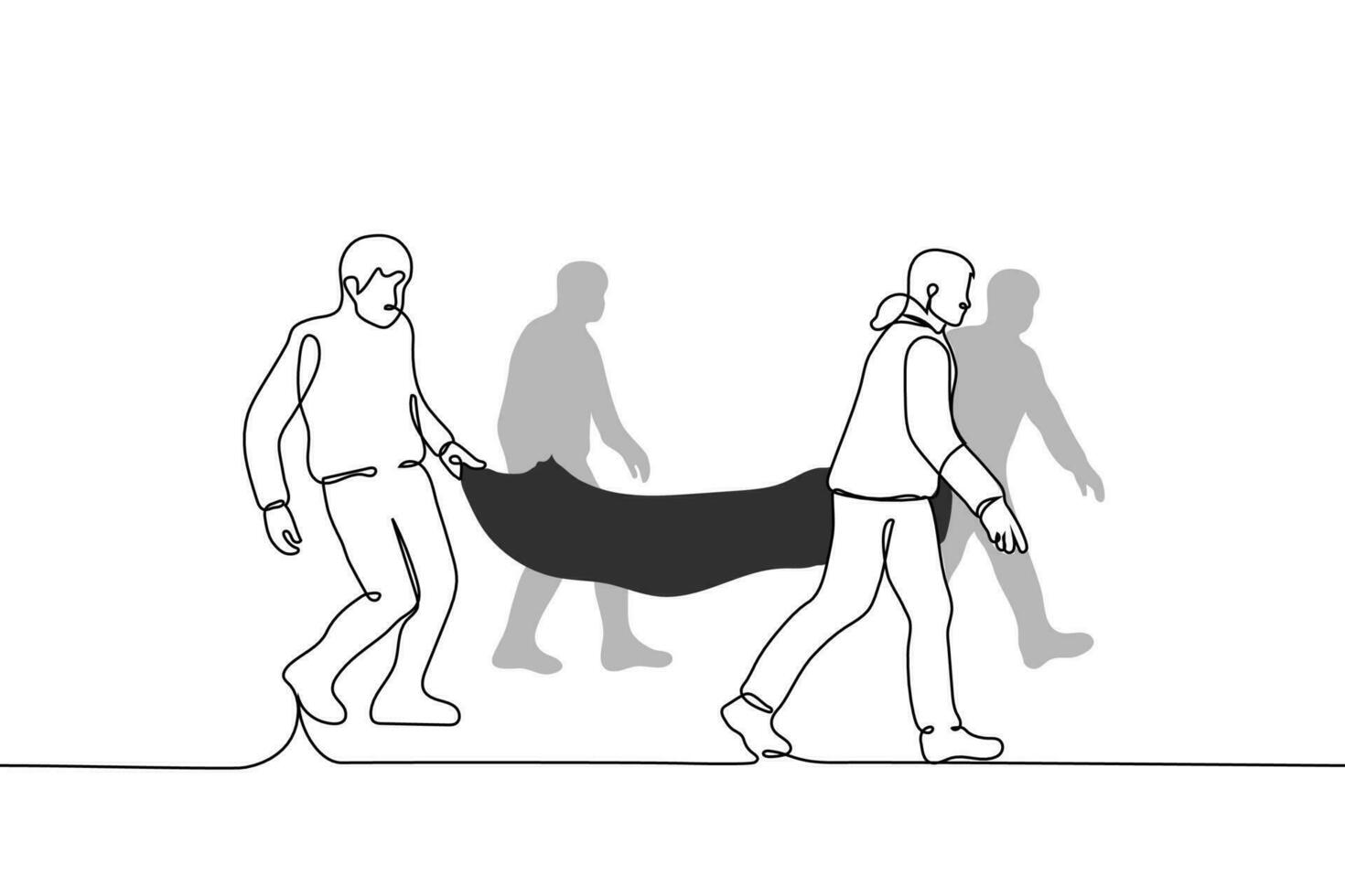 four carry a dead body in a black body bag - one line drawing vector. the concept of transportation of dead people, reburial, cemetery, nameless corpse, unidentified dead person vector