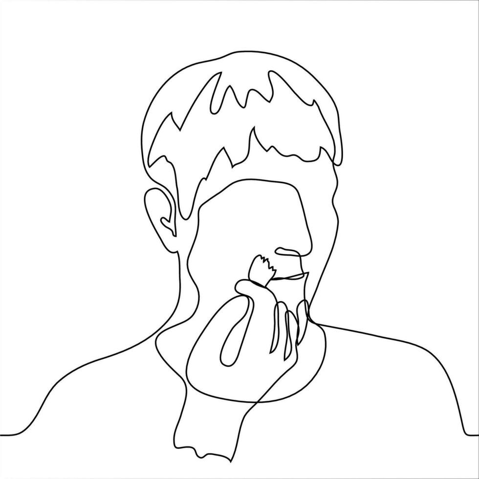 portrait of a man doing makeup. One continuous line art make-up artist paints or makes up a man with short hair. vector