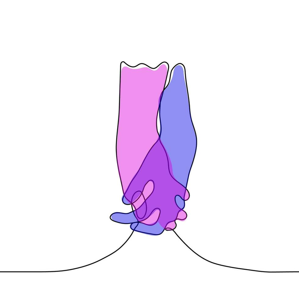 two pink and blue hands intertwined fingers - one line drawing vector. lovers hand concept vector