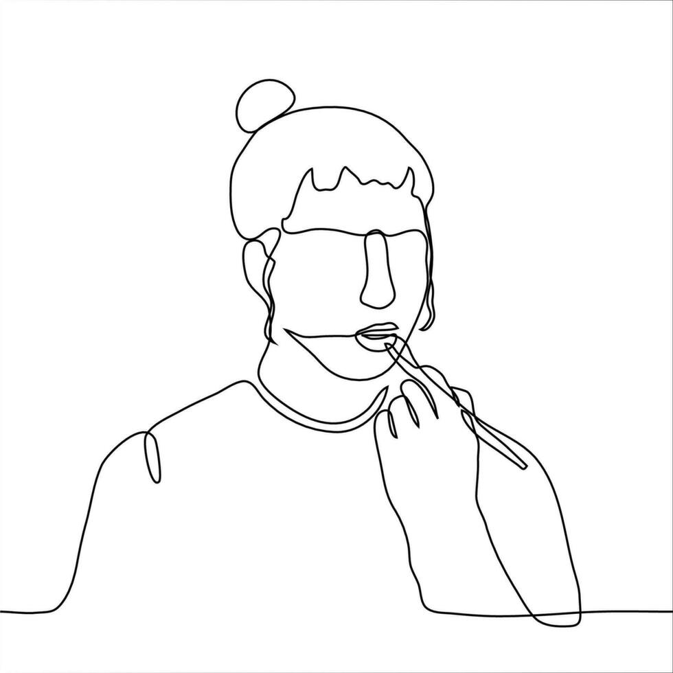 A girl with a bun of hair is applying a tint to her lips with a makeup brush. One continuous line art female beauty blogger paints lips. Can be used for animation. vector