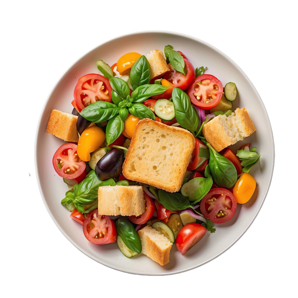 ai generiert Tomate Gemüse Salat panzanella Vegetarisch Croutons Olive Öl isoliert auf transparent Hintergrund png
