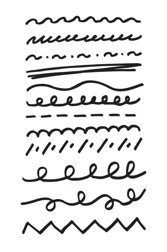 Set of wavy horizontal lines drawn by hand. Collection of marker strokes. Hand drawn doodle. vector
