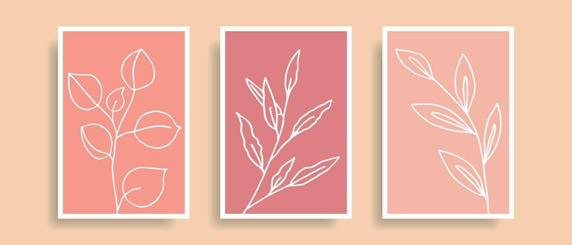 A set of posters with twigs in a minimalist style. Branches of leaves on a peach background. vector