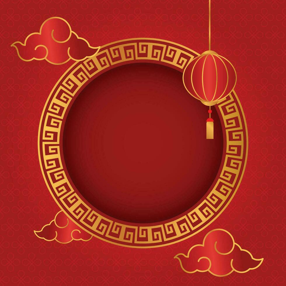 Traditional Chinese frame with lantern and clouds on red background for greeting new year vector