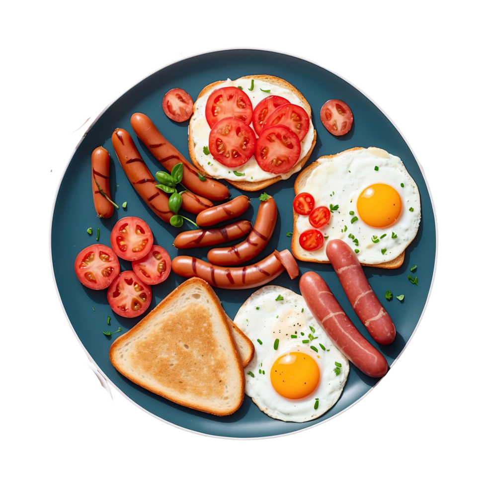 AI generated English breakfast. fried eggs, sausages, bacon, beans, toasts, tomatoes isolated on transparent background png