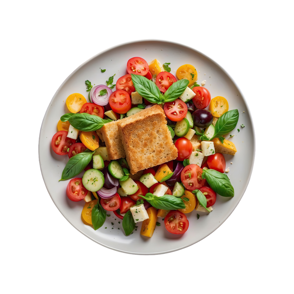 AI generated Tomato vegetable salad panzanella veggie croutons olive oil isolated on transparent background png