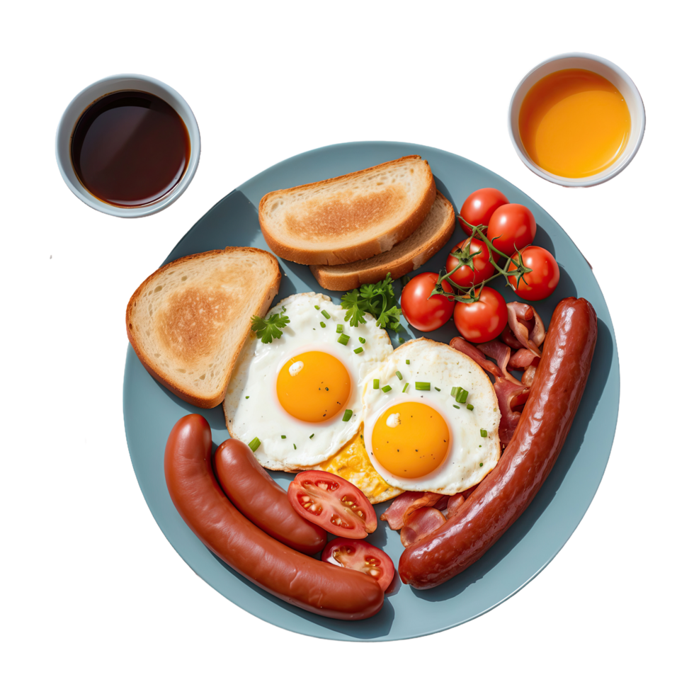 AI generated English breakfast. fried eggs, sausages, bacon, beans ...